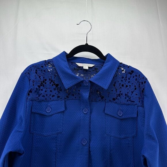 Merin London Jacket Womens Size L Lace Trim Textured Trucker Button Front Blue - Picture 3 of 11